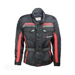 A black and red Probiker waterproof and breathable touring and adventure jacket, size M, in good condition. Features a climate membrane and shoulder protectors. Shows wear and includes professional repair patches in some areas (see product photos)