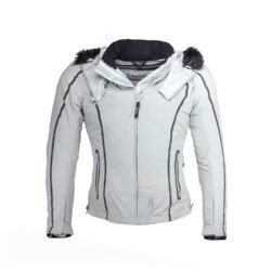 A light grey Richa all-weather women's motorcycle jacket, size S, in very good condition. Features a waterproof textile shell, removable thermal liner, removable hood with faux fur, and CE protection at shoulders, elbows, and back. Suitable for riders and passengers.