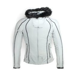 A light grey Richa all-weather women's motorcycle jacket, size S, in very good condition. Features a waterproof textile shell, removable thermal liner, removable hood with faux fur, and CE protection at shoulders, elbows, and back. Suitable for riders and passengers.