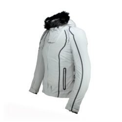 A light grey Richa all-weather women's motorcycle jacket, size S, in very good condition. Features a waterproof textile shell, removable thermal liner, removable hood with faux fur, and CE protection at shoulders, elbows, and back. Suitable for riders and passengers.