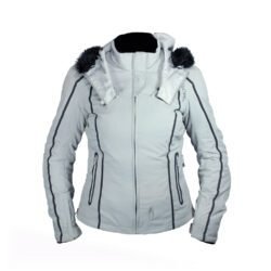 A light grey Richa all-weather women's motorcycle jacket, size S, in very good condition. Features a waterproof textile shell, removable thermal liner, removable hood with faux fur, and CE protection at shoulders, elbows, and back. Suitable for riders and passengers.