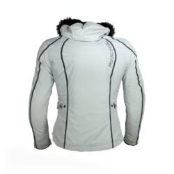 A light grey Richa all-weather women's motorcycle jacket, size S, in very good condition. Features a waterproof textile shell, removable thermal liner, removable hood with faux fur, and CE protection at shoulders, elbows, and back. Suitable for riders and passengers.