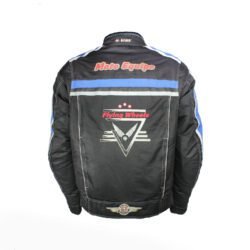 A black and blue touring and vintage style motorcycle jacket, size XXXL, in good condition. Features a climate membrane for waterproofing, CE protectors at the shoulders, elbows, and back, and adjustable fit. Shows minor wear, including a missing velcro strap on one arm sleeve.