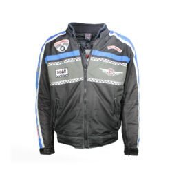 A black and blue touring and vintage style motorcycle jacket, size XXXL, in good condition. Features a climate membrane for waterproofing, CE protectors at the shoulders, elbows, and back, and adjustable fit. Shows minor wear, including a missing velcro strap on one arm sleeve.