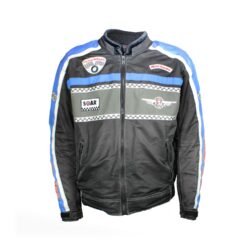 A black and blue touring and vintage style motorcycle jacket, size XXXL, in good condition. Features a climate membrane for waterproofing, CE protectors at the shoulders, elbows, and back, and adjustable fit. Shows minor wear, including a missing velcro strap on one arm sleeve.