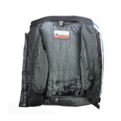 A black and blue touring and vintage style motorcycle jacket, size XXXL, in good condition. Features a climate membrane for waterproofing, CE protectors at the shoulders, elbows, and back, and adjustable fit. Shows minor wear, including a missing velcro strap on one arm sleeve.