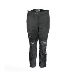 A pair of black Vanucci waterproof touring and adventure motorcycle trousers, size L (100 cm waist), in very good condition. Made of durable textile with a SympaTex membrane, includes knee protectors, and features both short and full-length jacket connection zippers.