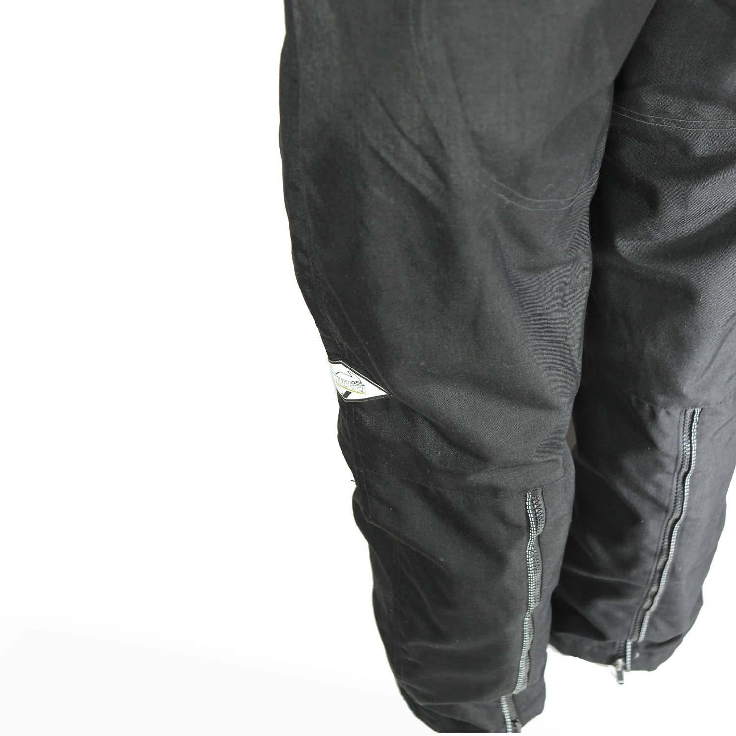 A pair of black Vanucci waterproof touring motorcycle trousers, size XL, in very good condition. Made of durable textile with a SympaTex membrane and features both short and full-length jacket connection zippers. Pockets for knee and hip protectors are included (protectors not provided)