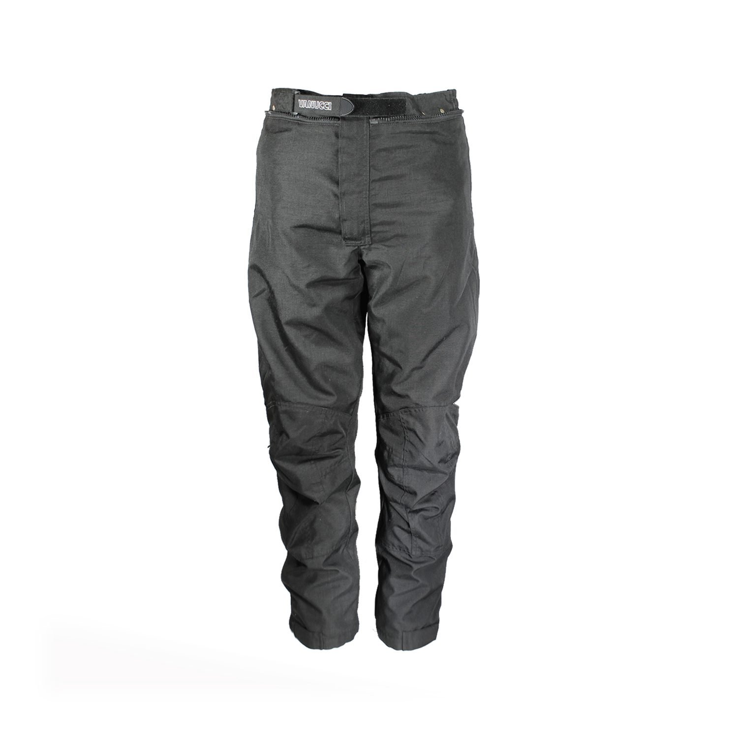 A pair of black Vanucci waterproof touring motorcycle trousers, size XL, in very good condition. Made of durable textile with a SympaTex membrane and features both short and full-length jacket connection zippers. Pockets for knee and hip protectors are included (protectors not provided)