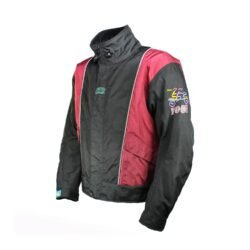 A black and red YOKO vintage-style motorcycle jacket, size XL, in very good condition. Features durable Cordura textile, a GoreTex waterproof membrane, and CE-rated shoulder and elbow protectors, blending unique vintage style with modern protection.