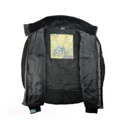 A black and red YOKO vintage-style motorcycle jacket, size XL, in very good condition. Features durable Cordura textile, a GoreTex waterproof membrane, and CE-rated shoulder and elbow protectors, blending unique vintage style with modern protection.