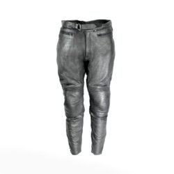 A pair of black ZME Racing leather motorcycle pants, size XXL/28 (91 cm waist), in very good condition. Features a racing and café-racer style with foam protectors at the knees and hips.