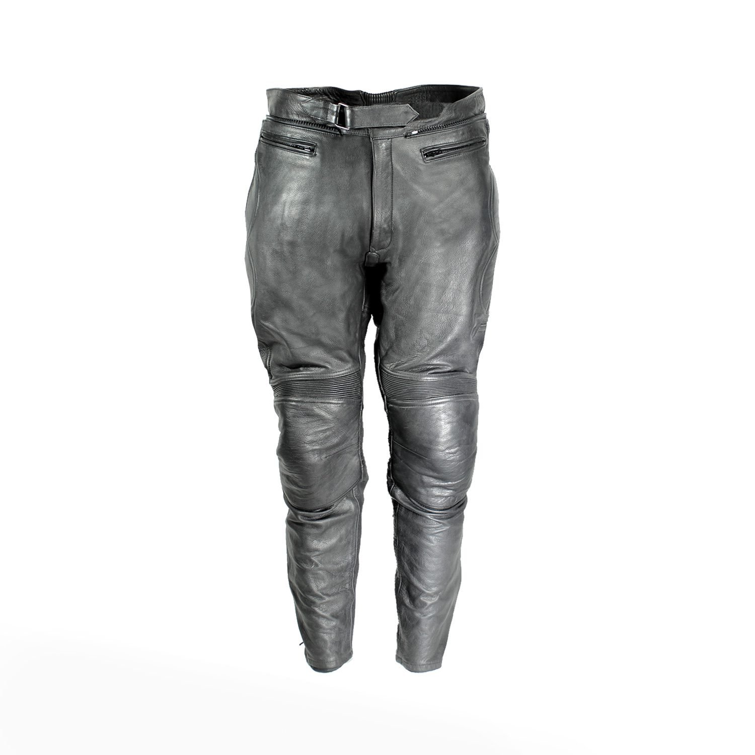 A pair of black ZME Racing leather motorcycle pants, size XXL/28 (91 cm waist), in very good condition. Features a racing and café-racer style with foam protectors at the knees and hips.