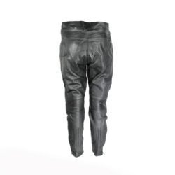 A pair of black ZME Racing leather motorcycle pants, size XXL/28 (91 cm waist), in very good condition. Features a racing and café-racer style with foam protectors at the knees and hips.