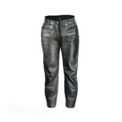 A pair of black Polo classic women's leather motorcycle pants, size 38 (77 cm waist), in very good condition. Features a cruiser/chopper style with a classic leather look and includes minor wear marks.