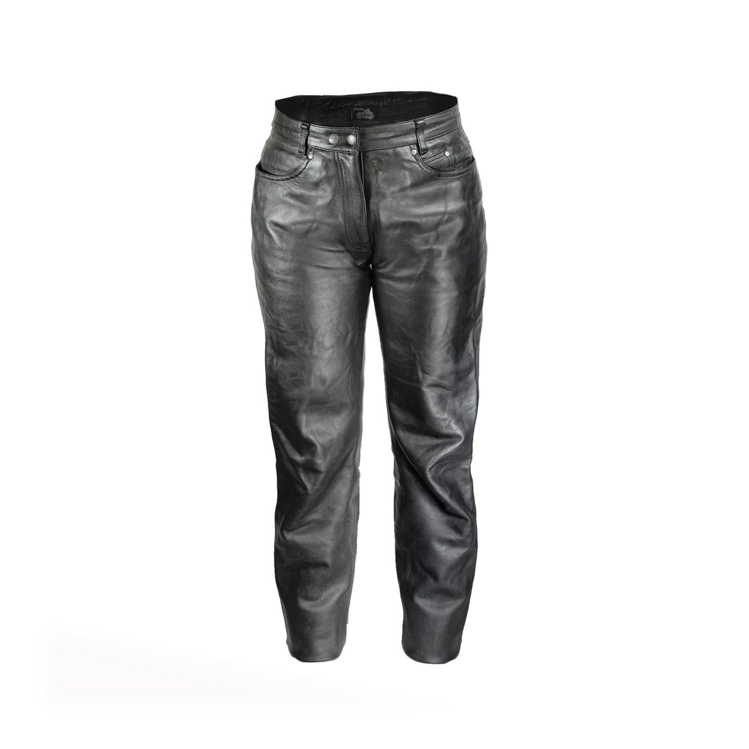 A pair of black Polo classic women's leather motorcycle pants, size 38 (77 cm waist), in very good condition. Features a cruiser/chopper style with a classic leather look and includes minor wear marks.