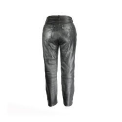 A pair of black Polo classic women's leather motorcycle pants, size 38 (77 cm waist), in very good condition. Features a cruiser/chopper style with a classic leather look and includes minor wear marks.