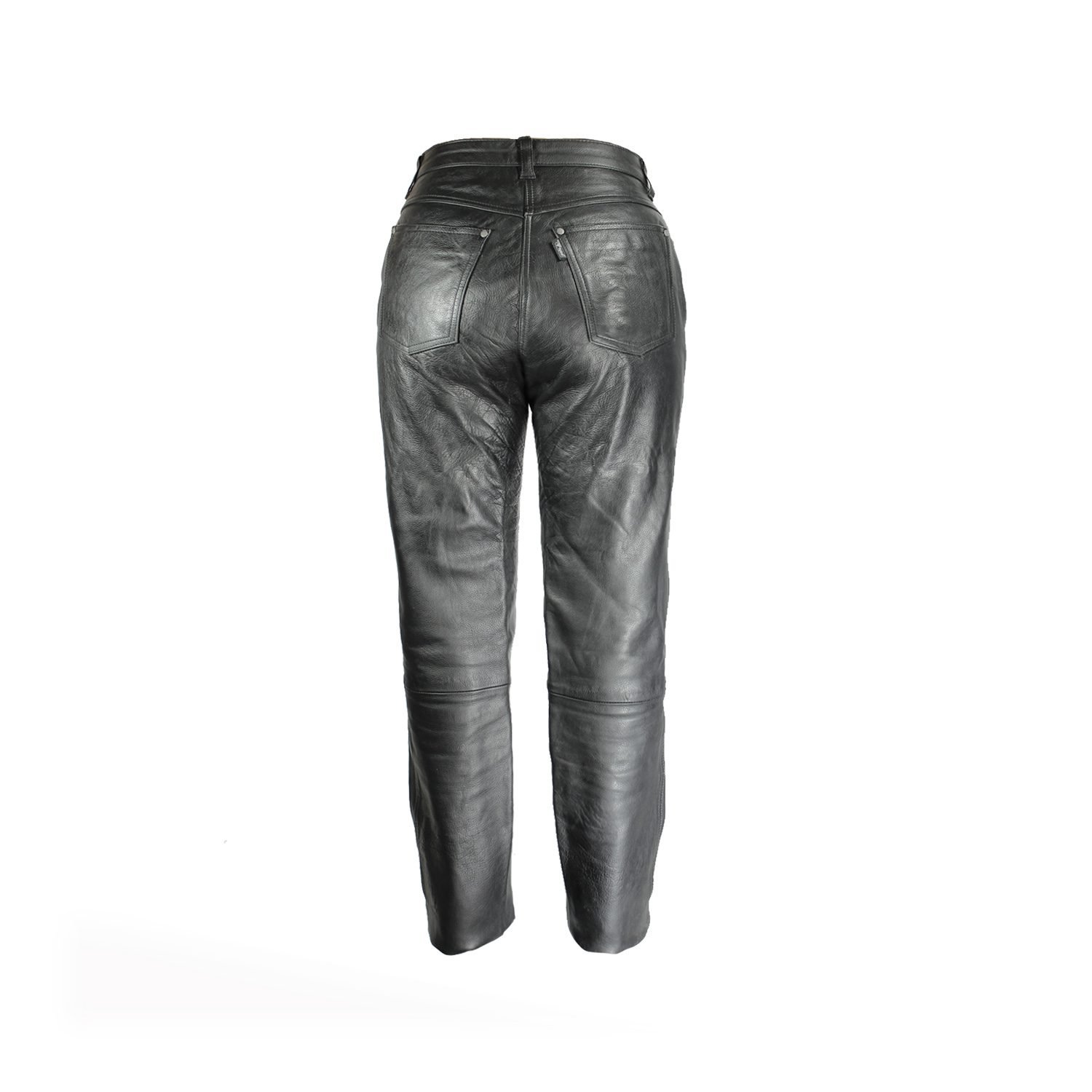 A pair of black Polo classic women's leather motorcycle pants, size 38 (77 cm waist), in very good condition. Features a cruiser/chopper style with a classic leather look and includes minor wear marks.