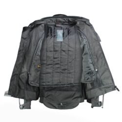 A black and white A-pro women's 4-season textile motorcycle jacket, size L, in very good condition. Features removable sleeves for summer vest conversion, a HotLife thermal vest, CE-approved shoulder and elbow protectors, front air intakes, and stretch panels for touring and street riding.