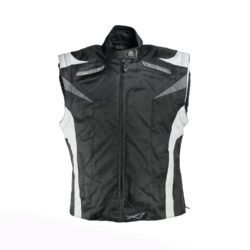 A black and white A-pro women's 4-season textile motorcycle jacket, size L, in very good condition. Features removable sleeves for summer vest conversion, a HotLife thermal vest, CE-approved shoulder and elbow protectors, front air intakes, and stretch panels for touring and street riding.