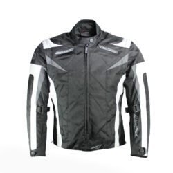 A black and white A-pro women's 4-season textile motorcycle jacket, size L, in very good condition. Features removable sleeves for summer vest conversion, a HotLife thermal vest, CE-approved shoulder and elbow protectors, front air intakes, and stretch panels for touring and street riding.