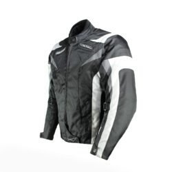 A black and white A-pro women's 4-season textile motorcycle jacket, size L, in very good condition. Features removable sleeves for summer vest conversion, a HotLife thermal vest, CE-approved shoulder and elbow protectors, front air intakes, and stretch panels for touring and street riding.