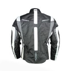A black and white A-pro women's 4-season textile motorcycle jacket, size L, in very good condition. Features removable sleeves for summer vest conversion, a HotLife thermal vest, CE-approved shoulder and elbow protectors, front air intakes, and stretch panels for touring and street riding.