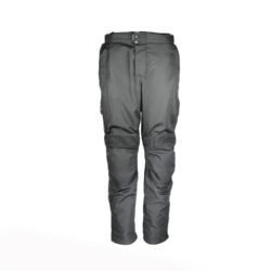 A pair of black Advanced Experience all-season adventure touring textile motorcycle pants, size L, in very good condition. Features a waterproof Z-Liner membrane, removable thermal liner, side air vents for ventilation, knee protectors, and reflective stripes for visibility