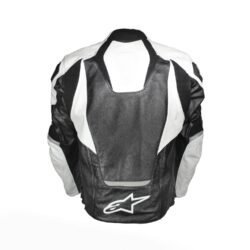 A black and white Alpinestars Jaws sport racing leather jacket, size 56 (XL-XXL, 110-114 cm chest), in good condition. Features premium perforated full-grain leather, CE-certified shoulder, elbow, and back protectors, a removable thermal liner, and adjustable fit with professional repairs visible.