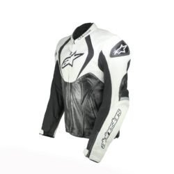 A black and white Alpinestars Jaws sport racing leather jacket, size 56 (XL-XXL, 110-114 cm chest), in good condition. Features premium perforated full-grain leather, CE-certified shoulder, elbow, and back protectors, a removable thermal liner, and adjustable fit with professional repairs visible.