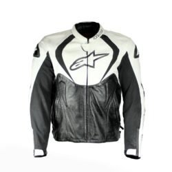 A black and white Alpinestars Jaws sport racing leather jacket, size 56 (XL-XXL, 110-114 cm chest), in good condition. Features premium perforated full-grain leather, CE-certified shoulder, elbow, and back protectors, a removable thermal liner, and adjustable fit with professional repairs visible.