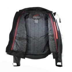 A black and white Alpinestars Jaws sport racing leather jacket, size 56 (XL-XXL, 110-114 cm chest), in good condition. Features premium perforated full-grain leather, CE-certified shoulder, elbow, and back protectors, a removable thermal liner, and adjustable fit with professional repairs visible.