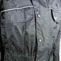 A black BLH all-season textile motorcycle jacket, size XL, in good condition. Features a waterproof climate membrane, removable thermal liner, CE-rated protection for shoulders, elbows, and back, and reflective stripes for visibility during touring and street riding.