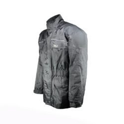 A black BLH all-season textile motorcycle jacket, size XL, in good condition. Features a waterproof climate membrane, removable thermal liner, CE-rated protection for shoulders, elbows, and back, and reflective stripes for visibility during touring and street riding.