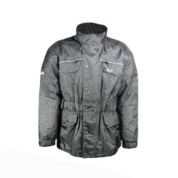 A black BLH all-season textile motorcycle jacket, size XL, in good condition. Features a waterproof climate membrane, removable thermal liner, CE-rated protection for shoulders, elbows, and back, and reflective stripes for visibility during touring and street riding.