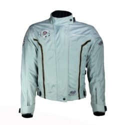 A light blue Bering Continental Circus Heritage women's vintage racing-style textile jacket, size T3, in fairly good condition. Features a short roadster cut with durable nylon and polyester construction, shoulder, elbow, and back protectors, and a decorative back patch.
