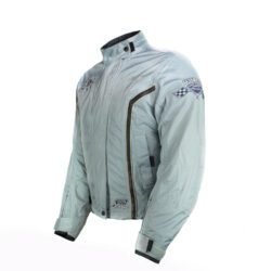 A light blue Bering Continental Circus Heritage women's vintage racing-style textile jacket, size T3, in fairly good condition. Features a short roadster cut with durable nylon and polyester construction, shoulder, elbow, and back protectors, and a decorative back patch.