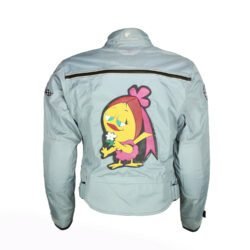 A light blue Bering Continental Circus Heritage women's vintage racing-style textile jacket, size T3, in fairly good condition. Features a short roadster cut with durable nylon and polyester construction, shoulder, elbow, and back protectors, and a decorative back patch.