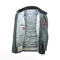 A grey Clover Cambridge waterproof textile motorcycle jacket, size XL, in very good condition. Features a classic medium-length design with a removable thermal liner, four outer pockets, and thin foam protection at the elbows and shoulders.