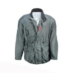 A grey Clover Cambridge waterproof textile motorcycle jacket, size XL, in very good condition. Features a classic medium-length design with a removable thermal liner, four outer pockets, and thin foam protection at the elbows and shoulders.