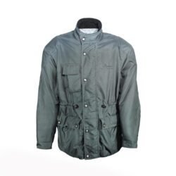 A grey Clover Cambridge waterproof textile motorcycle jacket, size XL, in very good condition. Features a classic medium-length design with a removable thermal liner, four outer pockets, and thin foam protection at the elbows and shoulders.