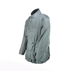 A grey Clover Cambridge waterproof textile motorcycle jacket, size XL, in very good condition. Features a classic medium-length design with a removable thermal liner, four outer pockets, and thin foam protection at the elbows and shoulders.