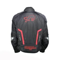 A black and red Furygan Titan sport racing textile jacket, size XL (105-112 cm chest), in good condition. Features a waterproof climate membrane, removable CE-approved D3O protectors at shoulders, elbows, and back, aluminum impact reinforcements, and a removable quilted thermal liner.