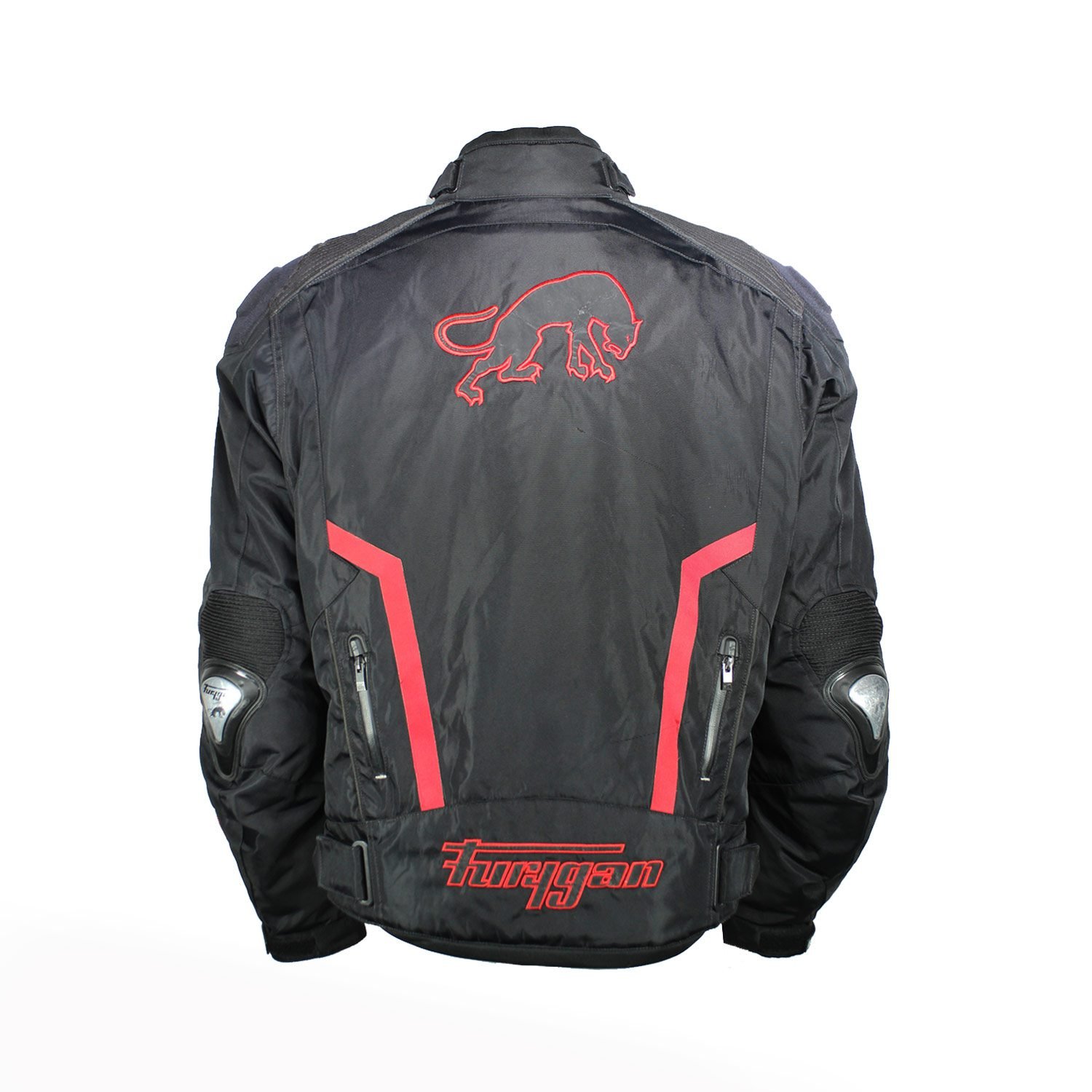 A black and red Furygan Titan sport racing textile jacket, size XL (105-112 cm chest), in good condition. Features a waterproof climate membrane, removable CE-approved D3O protectors at shoulders, elbows, and back, aluminum impact reinforcements, and a removable quilted thermal liner.
