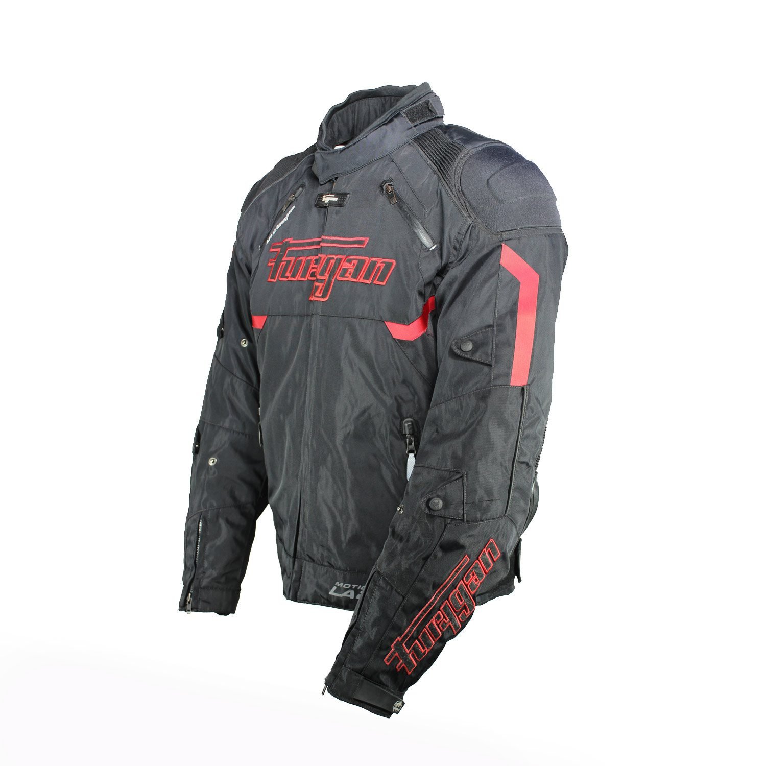A black and red Furygan Titan sport racing textile jacket, size XL (105-112 cm chest), in good condition. Features a waterproof climate membrane, removable CE-approved D3O protectors at shoulders, elbows, and back, aluminum impact reinforcements, and a removable quilted thermal liner.