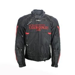 A black and red Furygan Titan sport racing textile jacket, size XL (105-112 cm chest), in good condition. Features a waterproof climate membrane, removable CE-approved D3O protectors at shoulders, elbows, and back, aluminum impact reinforcements, and a removable quilted thermal liner.