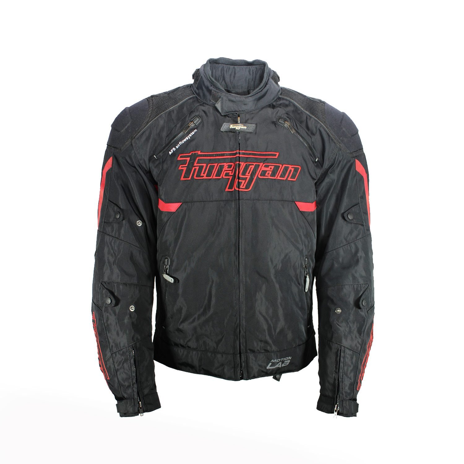 A black and red Furygan Titan sport racing textile jacket, size XL (105-112 cm chest), in good condition. Features a waterproof climate membrane, removable CE-approved D3O protectors at shoulders, elbows, and back, aluminum impact reinforcements, and a removable quilted thermal liner.
