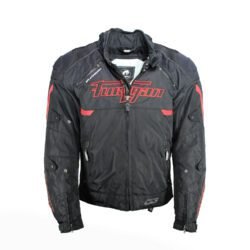 A black and red Furygan Titan sport racing textile jacket, size XL (105-112 cm chest), in good condition. Features a waterproof climate membrane, removable CE-approved D3O protectors at shoulders, elbows, and back, aluminum impact reinforcements, and a removable quilted thermal liner.