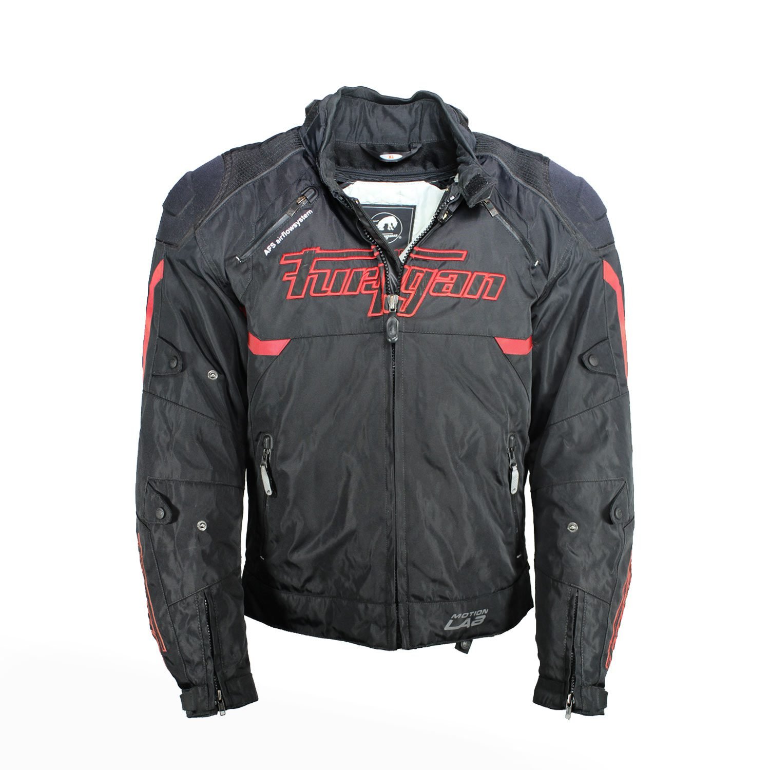 A black and red Furygan Titan sport racing textile jacket, size XL (105-112 cm chest), in good condition. Features a waterproof climate membrane, removable CE-approved D3O protectors at shoulders, elbows, and back, aluminum impact reinforcements, and a removable quilted thermal liner.