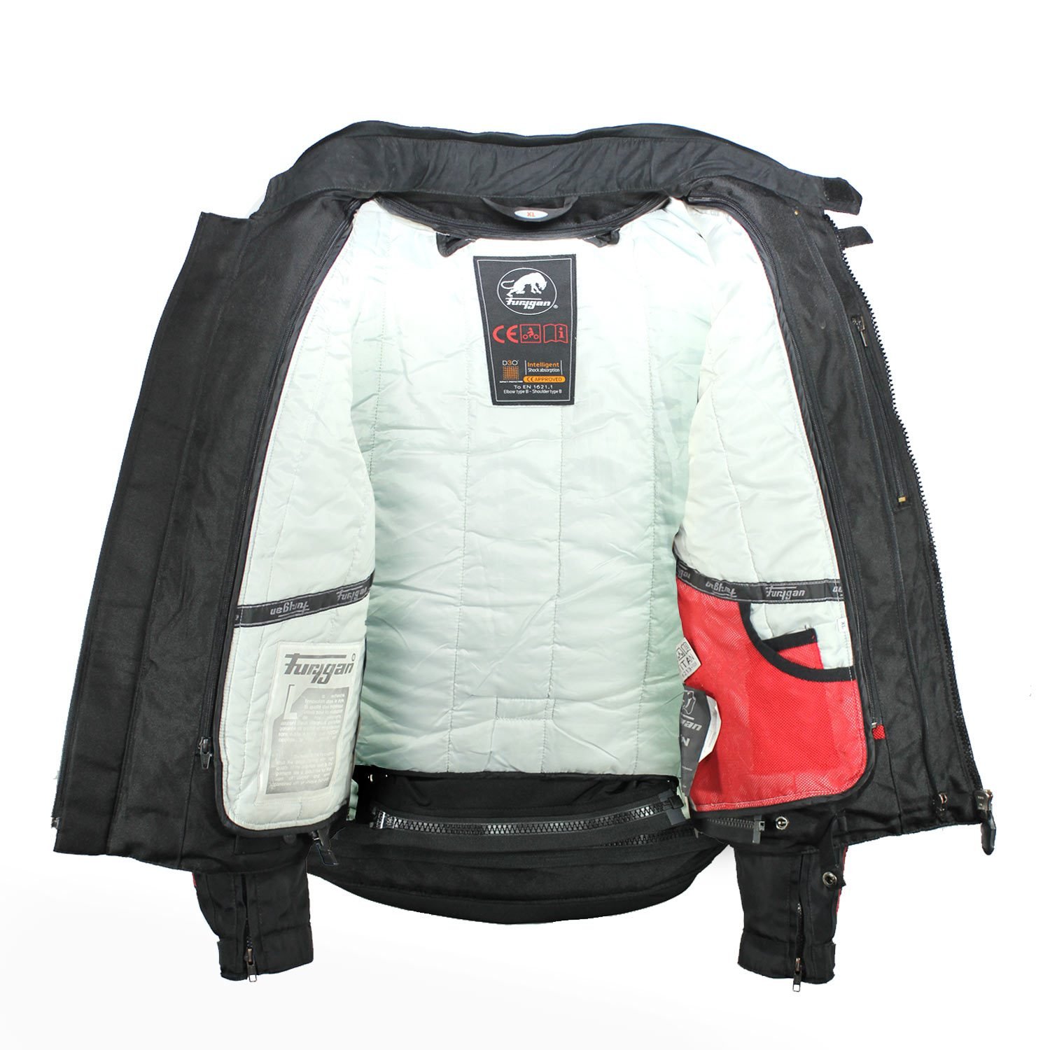 A black and red Furygan Titan sport racing textile jacket, size XL (105-112 cm chest), in good condition. Features a waterproof climate membrane, removable CE-approved D3O protectors at shoulders, elbows, and back, aluminum impact reinforcements, and a removable quilted thermal liner.